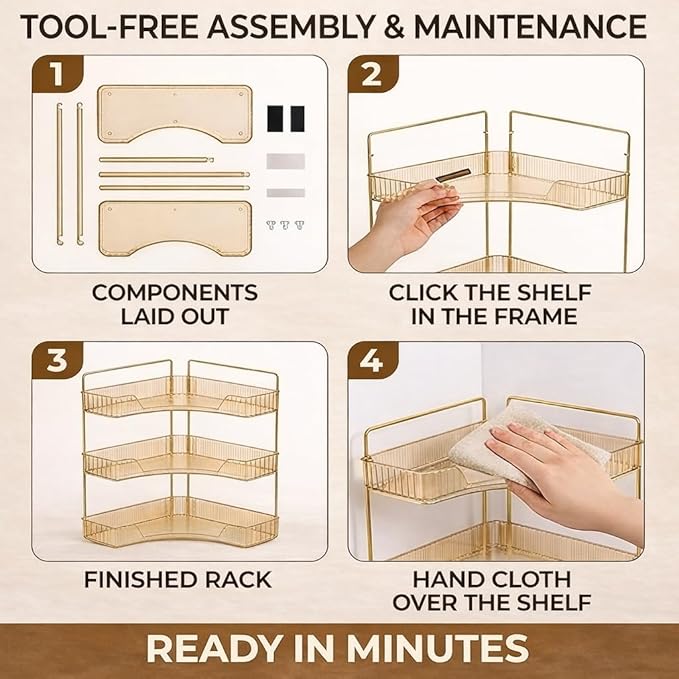 Multi-Tier Corner Countertop Organizer Rack, 3 Tier Corner Bathroom Counter Organizer, 90° Space-Saving Makeup Organizer Shelf, Tool-Free Installation for Cosmetic, Dresser, Kitchen (Gold-1tier)
