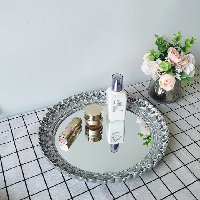 YANIZU Decorative Mirror Tray, Round Hollowed Out Design, Organizer for Makeup, Jewelry, Perfume, Vintage Display and Serving Tray for Dresser, Counter and Coffee Table, 12''X 12'', Silver