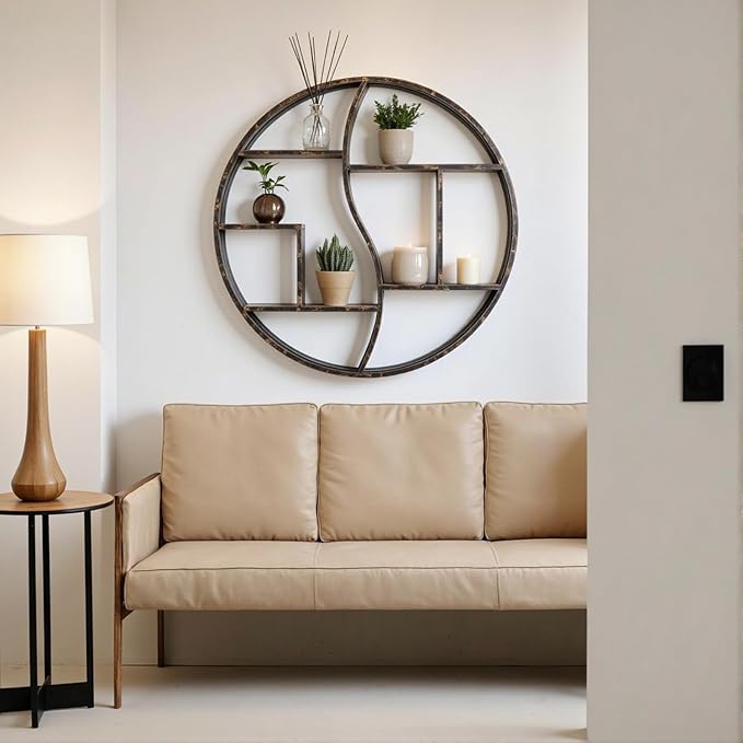 Round Wall Shelf,24 inch Metal Circle Shelf Wood Floating Shelves,Rustic Retro Wall Mounted Display Organizer Shelf for Fireplace,Living Room,Bathroom