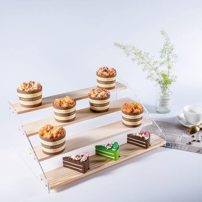2 Pack Large 4 Tier Acrylic Display Stand 16*10.6*6.3 inches for Figures Wooden Risers Display Case for Craft Fair Acrylic Cupcake Stand for Dessert Table Cologne Organizer for Men