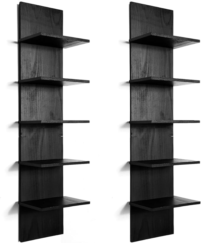 Yuntau 2 Pieces 5 Tier Wall Shelves for Bedroom 31.4 Inches Split Assembly Type Mount Vertical Wall Shelf Column Lack Hanging Floating Shelf for Storage Organizer Design Home Living Room(Black)