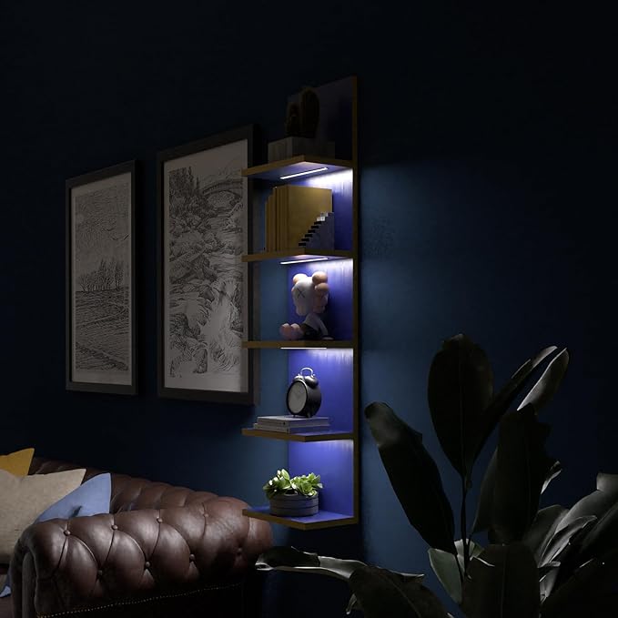 5 Tier Wall Shelves with LED Light, Vertical Column Shelf Floating Storage Home Decor Organizer Tall Tower Design Utility Shelf (Navy Blue)