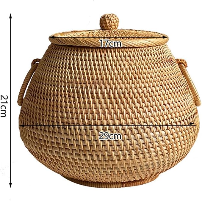 EUBUY Round Rattan Storage Basket with Lid, Hand Woven Rattan Decorative Box for Tea, Fruit, Snacks, Home Desktop Decor