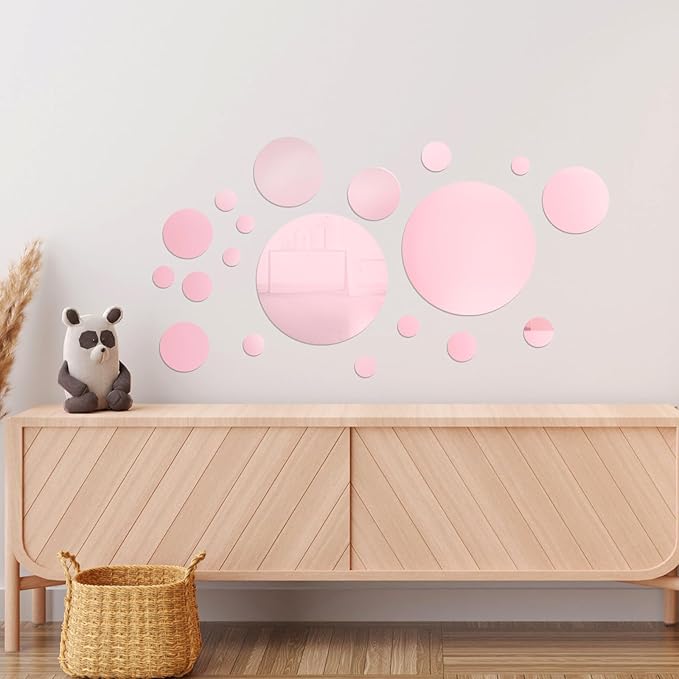 Shappy 32 Pcs Acrylic Mirror Wall Stickers Removable Round Wall Decal Circle Mirror Tiles for Home Bathroom Living Room Bedroom TV Background Decor (Pink,Small Size)