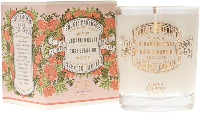 Panier des Sens Geranium Candle - Hand-Poured in Provence, France - Long Lasting Scented Candles up to 55 Hours Burn Time - Geranium Scented Candle - 100% Natural Cotton Wick - 6.3 oz