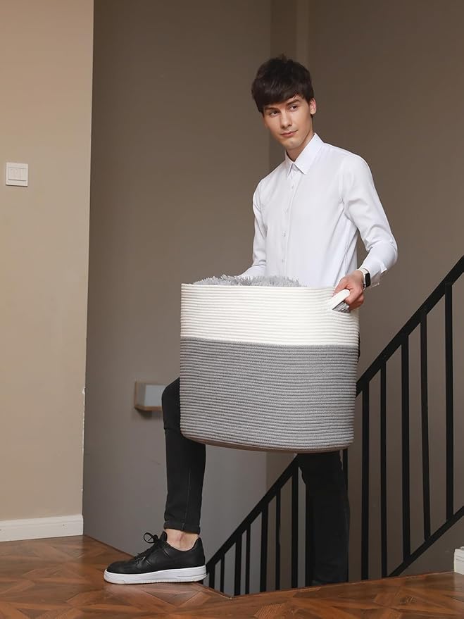 22”x14”x18” Rectangular Extra Large Storage Basket with Lid, Cotton Rope Storage Baskets, Laundry Hamper, Cloth Bin, for Clothes Blankets Storage in Living Room, Grey Basket with Lid