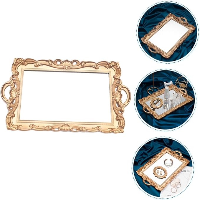 Cabilock Retro Mirror Makeup Tray Gold Rectangular Plastic Cosmetic Storage Plate Perfume Organizer Vanity Decorative Tray for Home and Dressing Table
