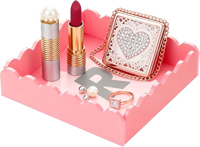 Acrylic Tray, Scalloped Glossy Pink Acrylic Decorative Tray for Home Decor, 8x8 Inch Acrylic Organizer Tray for Vanity Countertop Makeup Skincare Square Acrylic Storage Tray (Square Pink)