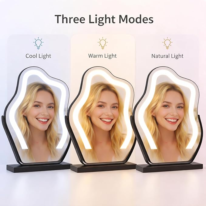 Makeup Mirror with Lights - 17″ Cloud Shaped Smart Touch 3-Color Dimmable 360° Rotation Memory Metal Frame Plug-in AC Power Tabletop Vanity Mirror Gift for Women Teen Girls Black