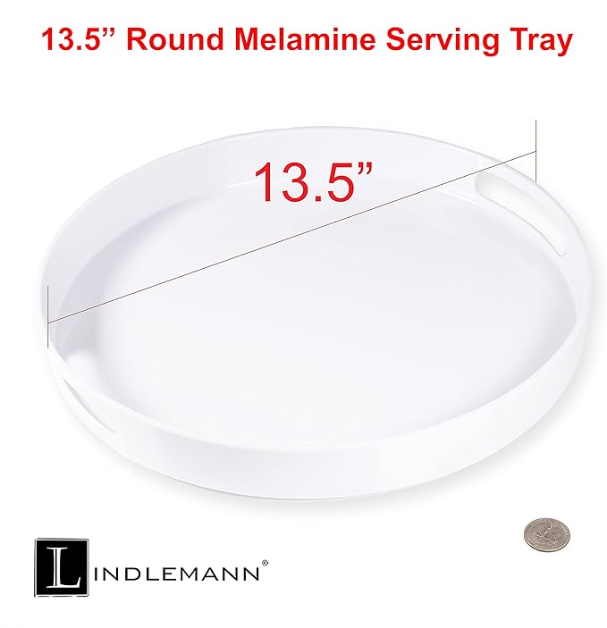 White Serving Tray Large Melamine Platter Round Breakfast Trays with Handles for Coffee Table Ottoman Living Room Home Décor Holiday Celebration & Party (13.5")