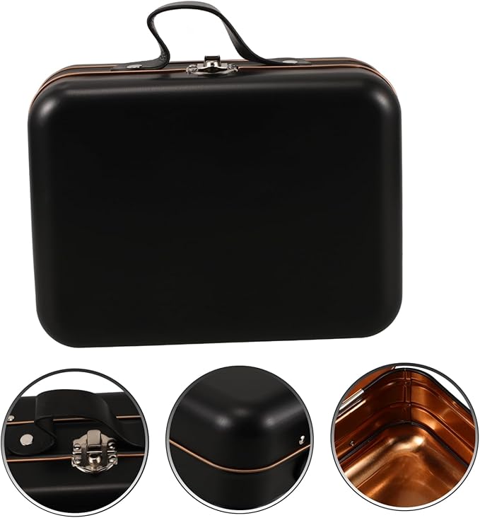Levemolo Mini Suitcase Iron Storage Box Vintage Decorative Container for Coins and Candy Compact Organizer for Parties and Weddings Black Tin Plate Design
