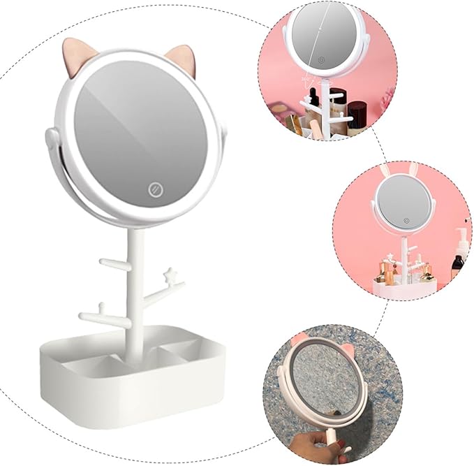 LED Makeup Mirror with Storage Box, Dimmable Rechargeable Tabletop Vanity Mirror with Desktop Organizer, Small Size Creative Cat Design for Makeup Supplies and Dressing Table Use
