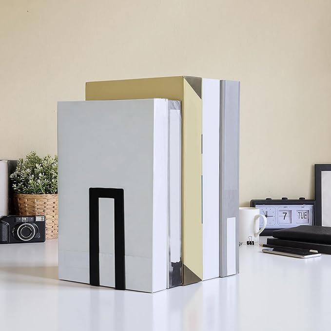 Chunful 6 Pcs Modern Metal Book Ends for Shelves Decorative Small Bookends Book Shelf Organizer Minimalist Design Stopper to Hold Books for Office (Square)