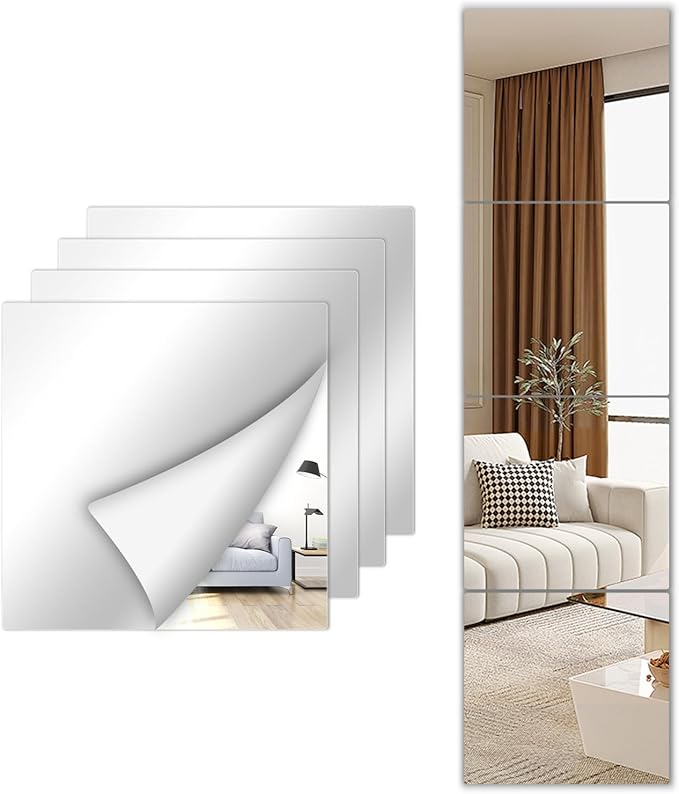 Stick on Small Mirror for Wall Decor Plastic Non Glass Sticky Kids Safety Toddler Mirrors, 4 Pack 15.8”x15.8” Acrylic Mirror Tiles Shatterproof Mirrors Sheet for Bedroom Unbreakable Adhesive Mirror's