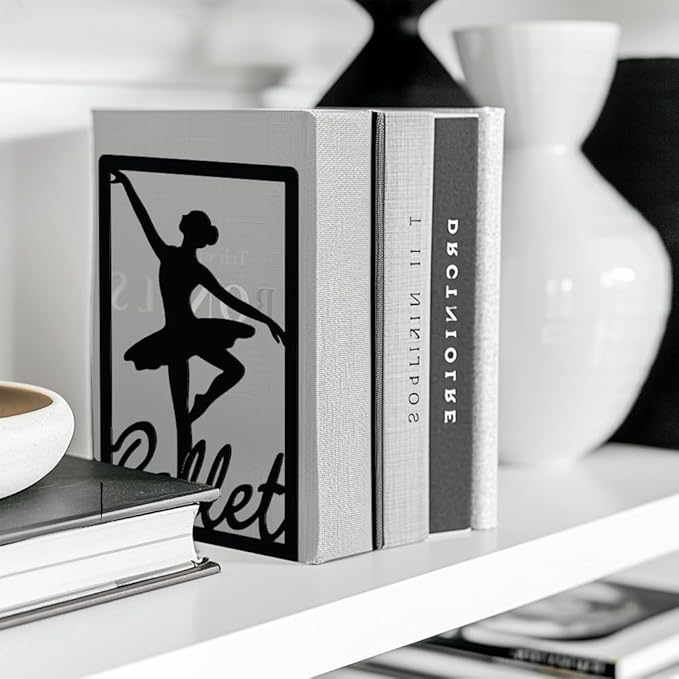 Peacoblue Metal Bookends for Shelves, Modern Decorative Heavy Duty Study Book Support Stoppers for Office, Desk, Shelf, Room 5.3"x4.3"x7.9" Cast Iron Simple Tall Bookends, 1 Pair (Ballerina)