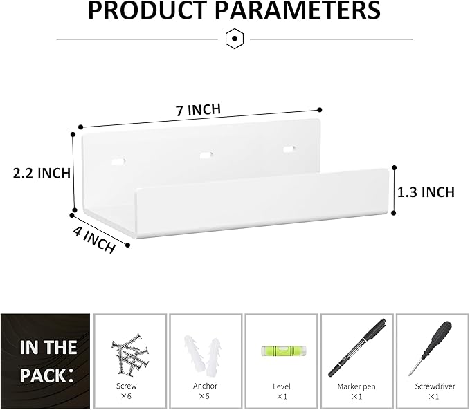 7 Inches White Acrylic Wall Display Shelves 2 Pack, U Shape, Wall Shelves Organizer for Bottles, Small Plants, Picture Frames, Beer, Wine, Décor