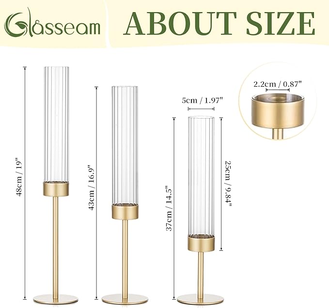 Gold Hurricane Taper Candle Holders: Glasseam 3Pcs Brass Candlestick Holders with Ribbed Glass Cylinder Cover Fluted Tall Candle Sticks Holder Decor for Table Centerpiece Wedding Christmas Decorations