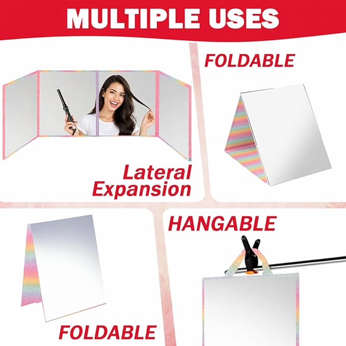 Foldable Full Length Mirror 2-in-1 Wall-Mounted or Tabletop Mirror, Portable Travel Mirror with Handle for Dance Home Bedroom Wardrobe Stage Makeup Checks Camping Outdoor Use (47" x 12.5", Four-Fold)