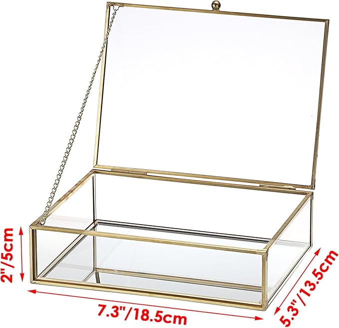 Glass Jewelry Box with Lid Golden Vintage Box with Mirror Base Decorative Case for Ring Earring Makeup Jewelry Display Organizer for Dresser, 7.3 x 5.3 x 2 Inch