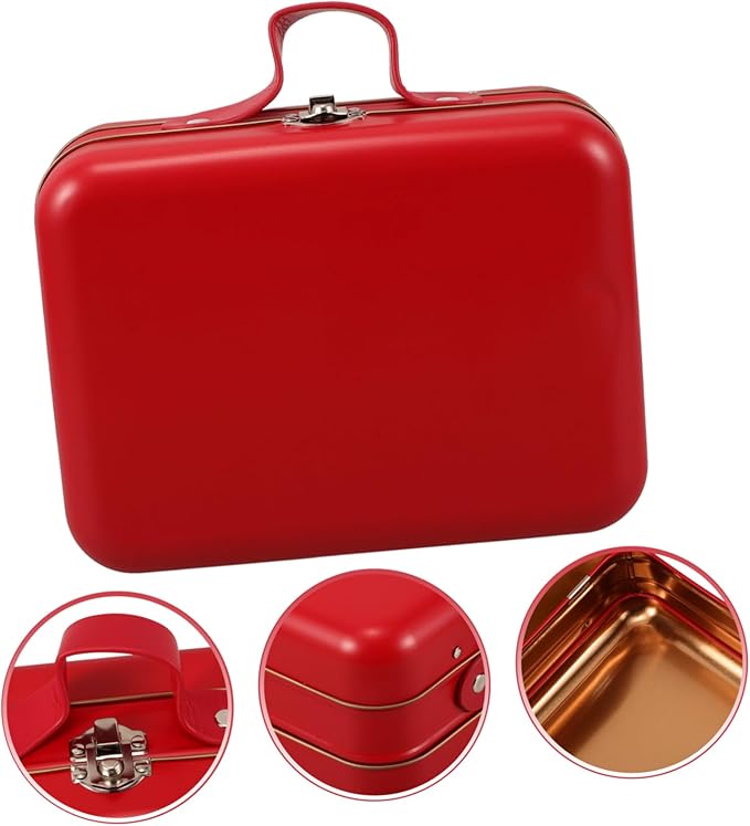 ULTECHNOVO Mini Suitcase Storage Box Compact Iron Handheld Container for Toys Makeup and Jewelry for Travel Boys and Girls and Home Organization Red
