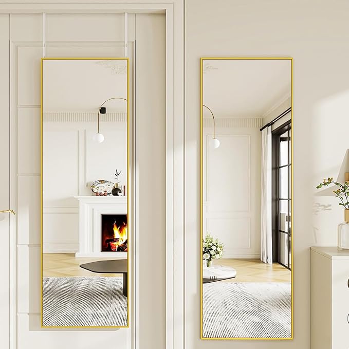 Door Mirror, Over The Door Full Length Mirror, 48"x14" Hanging Mirrors for Bedroom, Living Room, Entryway, Dorm, Gold