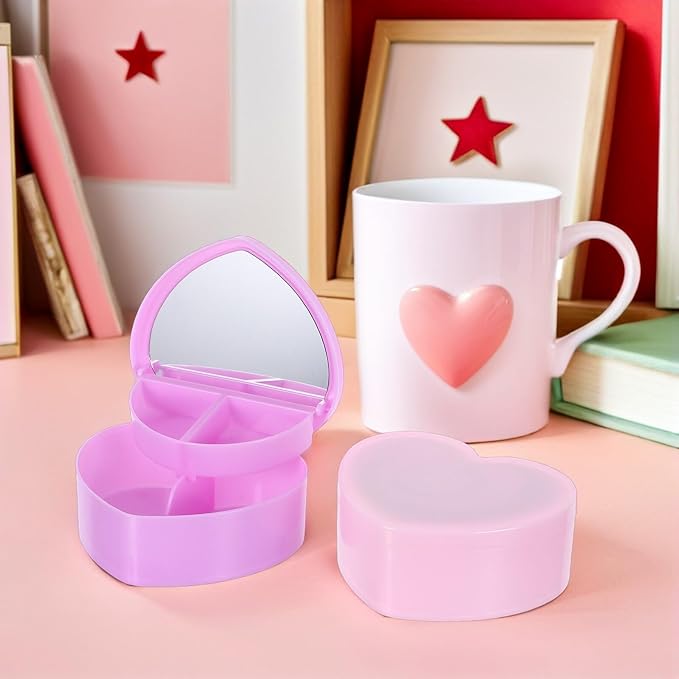 SHINEOFI 2pcs Jewelry Box with Heart Shape, Double Layer Plastic Organizer with Makeup Mirror, Small Storage Case for Hair Accessories and Teen Jewelry, ’ Set in Light Pink and Light Purple