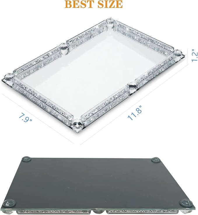 Crystal Glass Tray, Modern Mirror Jewelry Dresser Trinket Trays with Crushed Diamond, 11.8" x 7.9"Rectangular Makeup Perfume Tray for Bathroom Bedroom, Home Decor, Hotel Banquet, Party(Silver)