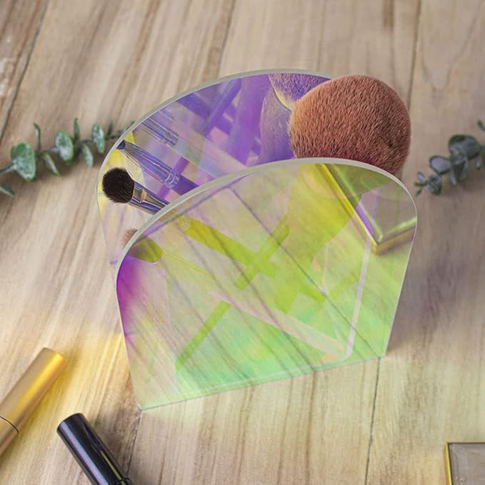 Iridescent Acrylic Vase for Artificial Flower Fake Eucalyptus Plant Leaves Office Home Decor Contemporary Tabletop Minimalist Geometric Mini Decoration Make Up Brushes Organizer Holder（RainbowShort）