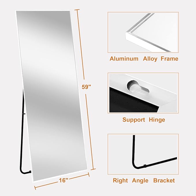 NeuType Full Length Mirror, 59"x16" Full Body Mirror with Stand Floor Mirror Full Length Standing Mirror Wall-Mounted Mirror Hanging or Leaning Against Wall Aluminum Alloy Thin Frame (White)