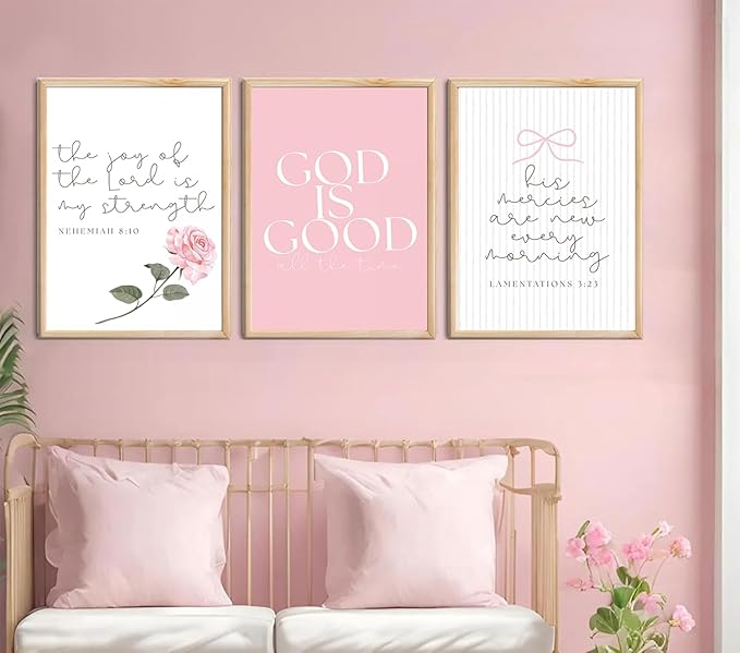 3Pcs Pink Christian Canvas Wall Art Coquette Bow Poster Print Aesthetic Picture Preppy Painting Wall Decor For Girls Bedroom Bathroom or Dorm 12x16in Unframed