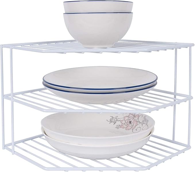3-Tier Corner Shelf Counter and Cabinet Organizer -Countertop Organizer - Cabinet Corner Rack for Plate - Cabinet & Pantry Kitchen Organization (White)