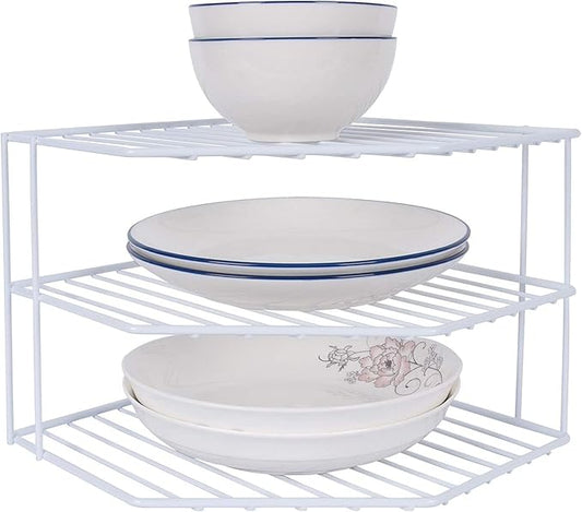 3-Tier Corner Shelf Counter and Cabinet Organizer -Countertop Organizer - Cabinet Corner Rack for Plate - Cabinet & Pantry Kitchen Organization (White)