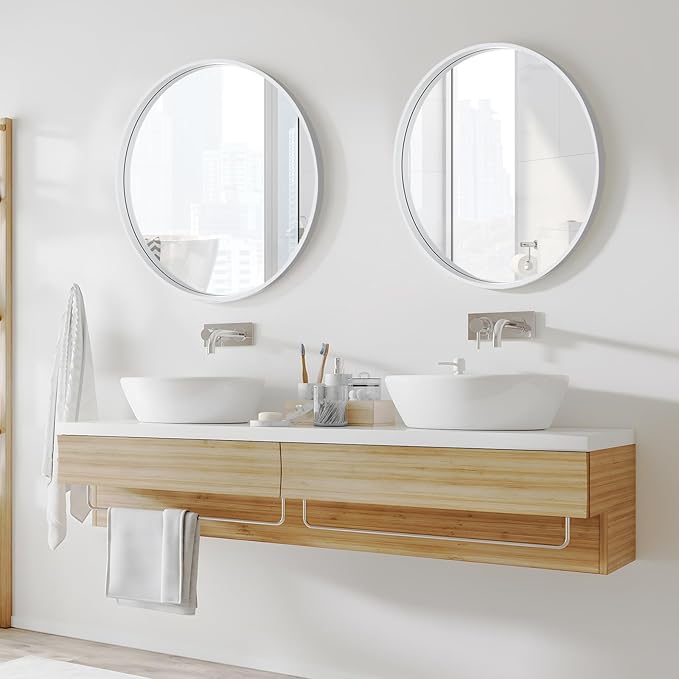 WallBeyond Round Wood Mirror 24 inch Circle Wall Mirror for Bathroom Round Wall Mirror for Wall Decor, Vanity, Entryway Living Room (White)