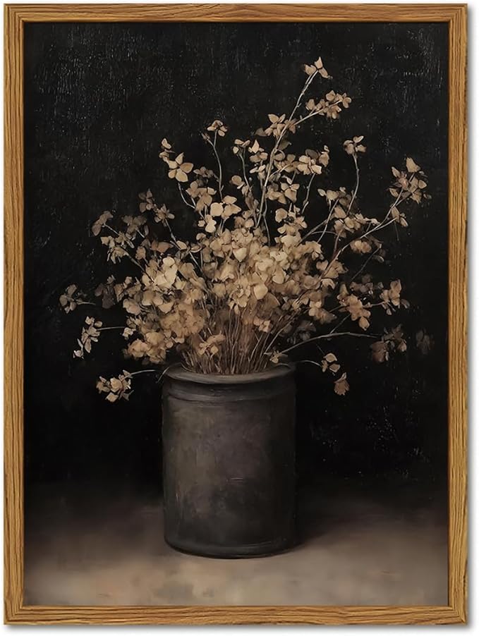 Framed Vintage Floral Wall Art, Rustic Dark Moody Flower Paintings Wall Decor, Retro Farmhouse Botanical Pictures Canvas Prints Neutral Aesthetic Home Decor for Living Room Bedroom 12x16 inch