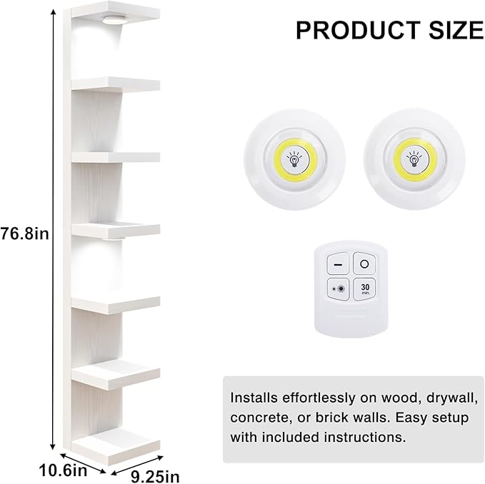 Fixwal Wall Shelf Unit 7 Tier White Wall Mounted Lack Shelf with LED Lights for Home Decor Organizer