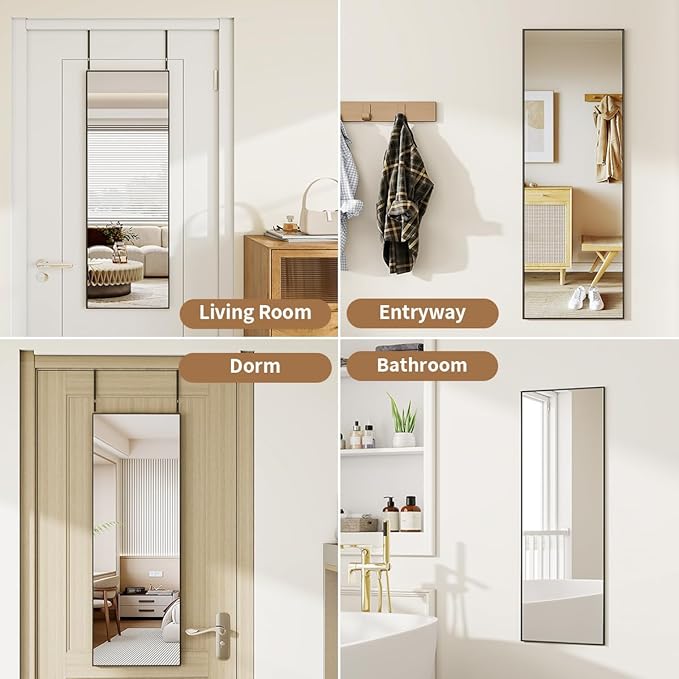 Door Mirror, Over The Door Full Length Mirror, 50"x16" Hanging Mirrors, for Bedroom, Living Room, Entryway, Dorm, Black