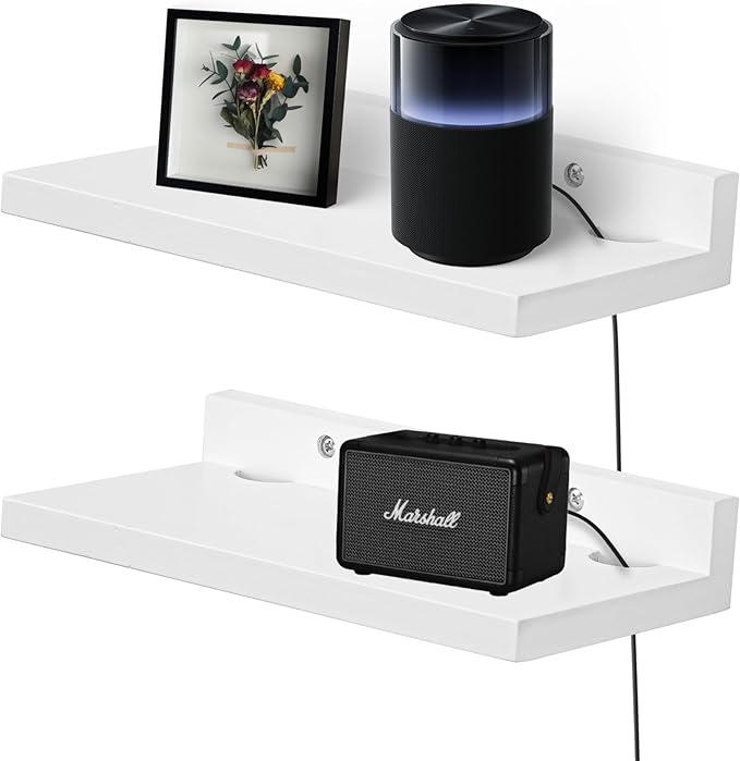 Small Floating Shelf for Wall,9X5 Inch Wall Mounted Shelf with Cord Hole,Small Display Shelves for Cameras, Webcam, Router,Smart Speaker,Action Figures-2 Pcs(White