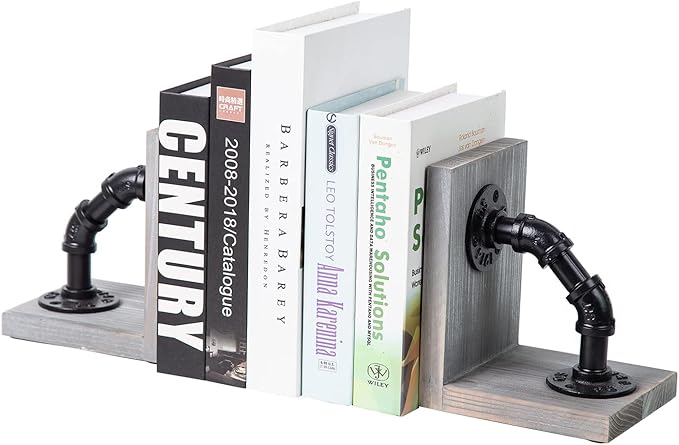 Rustic Decorative Wooden Tabletop Farmhouse Bookends for Heavy Books with Modern Industrial-Style Pipe Office Desktop Bookshelf Organizers Holder Nonskid Shelf Decor for Home Office 1-Pair (Grey)