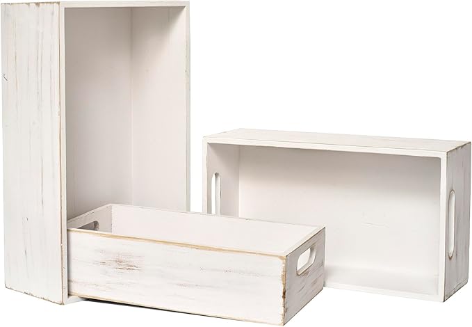 Set of 3 White Wooden Boxes for Storage Small Crates for Display and Organizing, Farmhouse Style Storage Boxes for Crafts, Decor, Home Pantry and Living Room