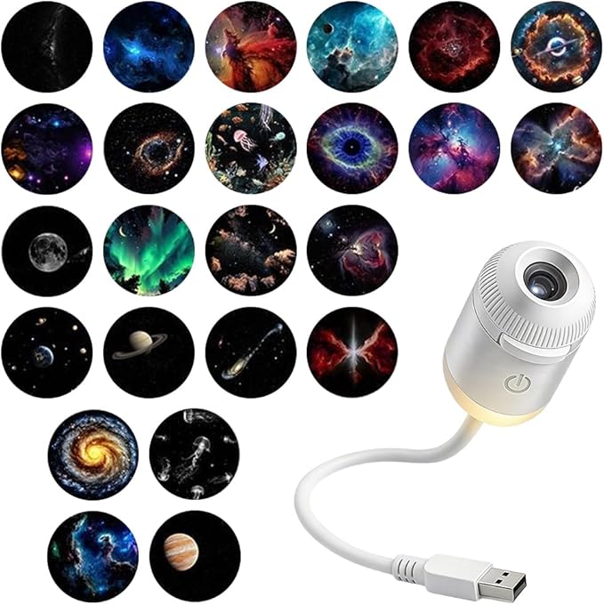 2-in-1 Galaxy Projector Night Light, USB Starry Sky Night Light Projector with Adjustable Brightness, Mini LED Projection Lamp for Bedroom Ceiling Wall Room Decor (24 Projection Films)