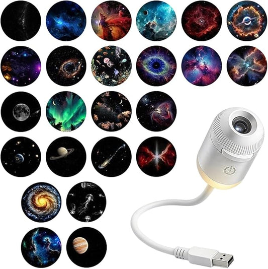 2-in-1 Galaxy Projector Night Light, USB Starry Sky Night Light Projector with Adjustable Brightness, Mini LED Projection Lamp for Bedroom Ceiling Wall Room Decor (24 Projection Films)