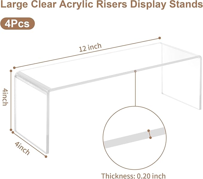 4 Pack Large Acrylic Display Stand,12'' x 4'' x 4'' Thickened Clear Rectangular Cupcake Holder Perfume Organizer Stand, Large Shelf Risers Desktop Display Stand for Decor Display,Figure,Cupcake