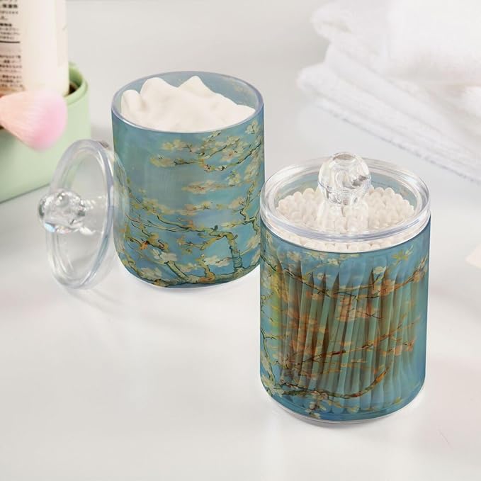 Qtip Holder Dispenser for Cotton Ball, Cotton Swab, Cotton Round Pads Clear Plastic Apothecary Van Gogh Almond Blossom Jar Set for Bathroom Canister Storage Organization, Vanity Makeup Organizer