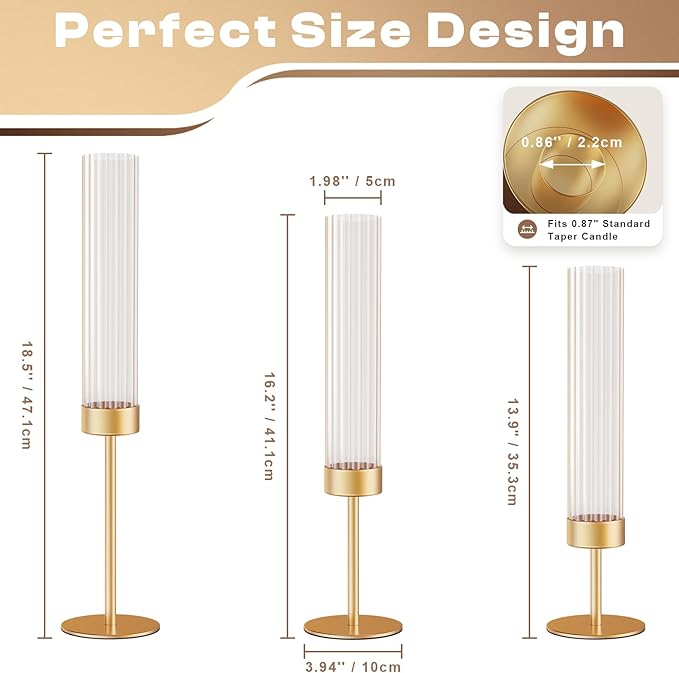 Gold Hurricane Candle Holders: Fluted Candlestick Holders for Wedding Tall Brass Taper Candle Holder Modern Candle Sticks Holder Decor for Table Centerpiece Party Birthday Christmas Set of 6