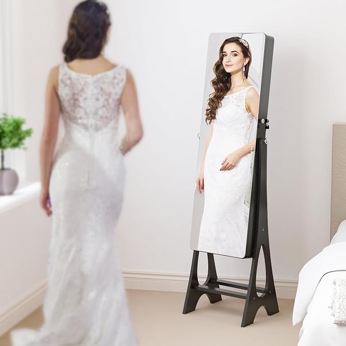 Standing Mirror Jewelry Cabinet,Full Length Mirror Jewelry Armoire Jewelry Organizer Lockable Jewelry Storage for Women Girl Frameless LED Lights 6 Drawers Black
