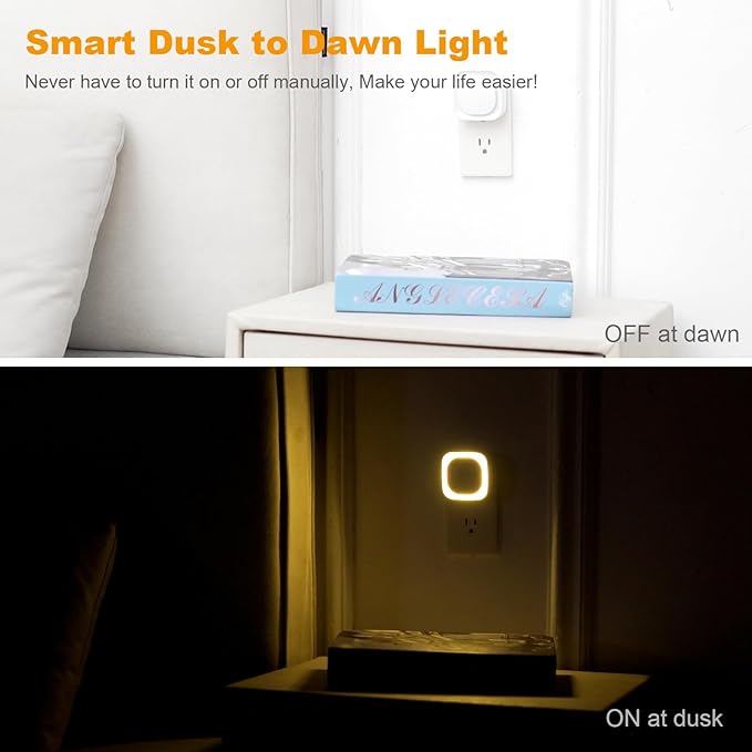 YUNLEX 2 Pack Plug in Dimmable Night Light, Square Nightlight, Auto Dusk to Dawn Sensor, Soft Glow, Diffused Light, Golden Yellow Light for Bathroom, Hallway, Stairs, Kitchen, Bedroom, Garage