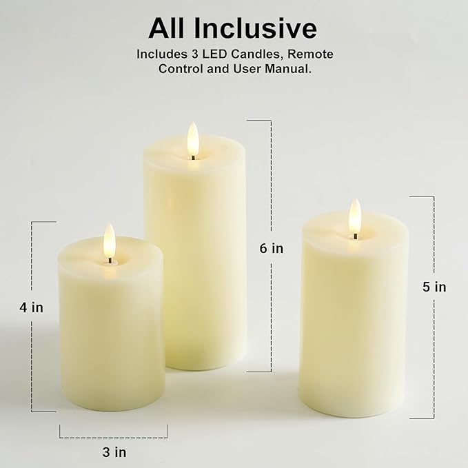 Stmarry Ivory Flameless Candles with Remote and Timer, Real Wax Made LED Pillar Candles Battery Operated with 3D Flickering Flame - 3" x 4",5",6" - Set of 3
