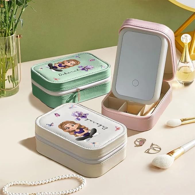 Wrappiness Women & Girls Floral Makeup Box With LED Mirror - Personalized Birthmonth Flower Travel Jewelry Organizer Gift for Daughters Sisters on Birthday Christmas (Blossomed Soul, Women)
