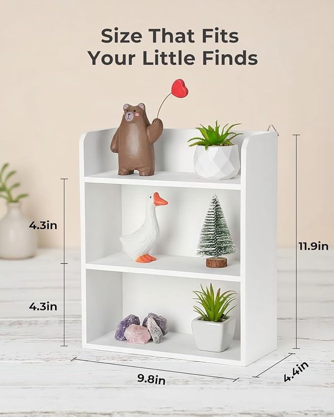 3-Tier Trinket Shelf, Small Display Shelf for Wall or Countertop, Wooden Knick-Knack Shelves for Collectibles, Perfume & Crystal Storage, White