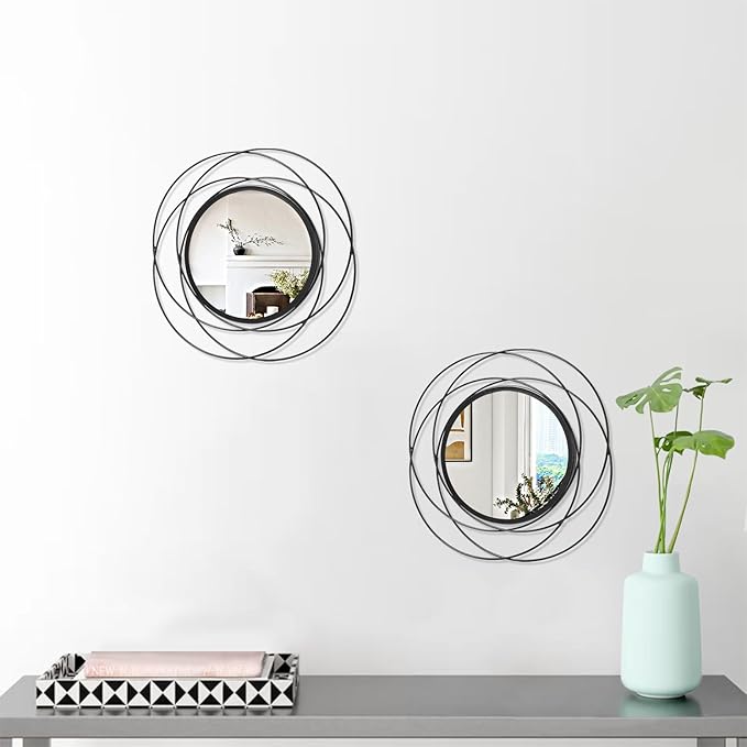 2 Set 12'' Black Circle Mirrors Wall Decor Iron Frame Wall Art Round Mirror Home Decor Hanging for Living Room Bedroom Bathroom Entryway